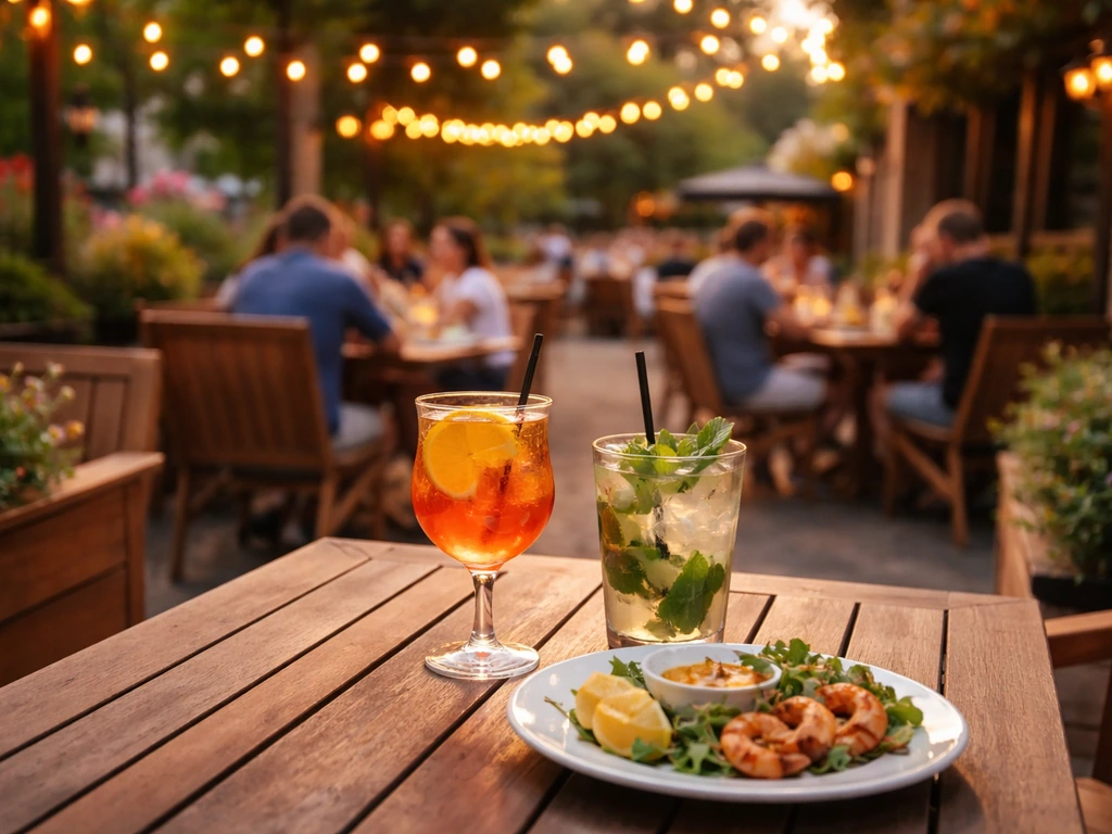 Warm evening view of an outdoor patio restaurant table with drinks and diners in Ames ambiance