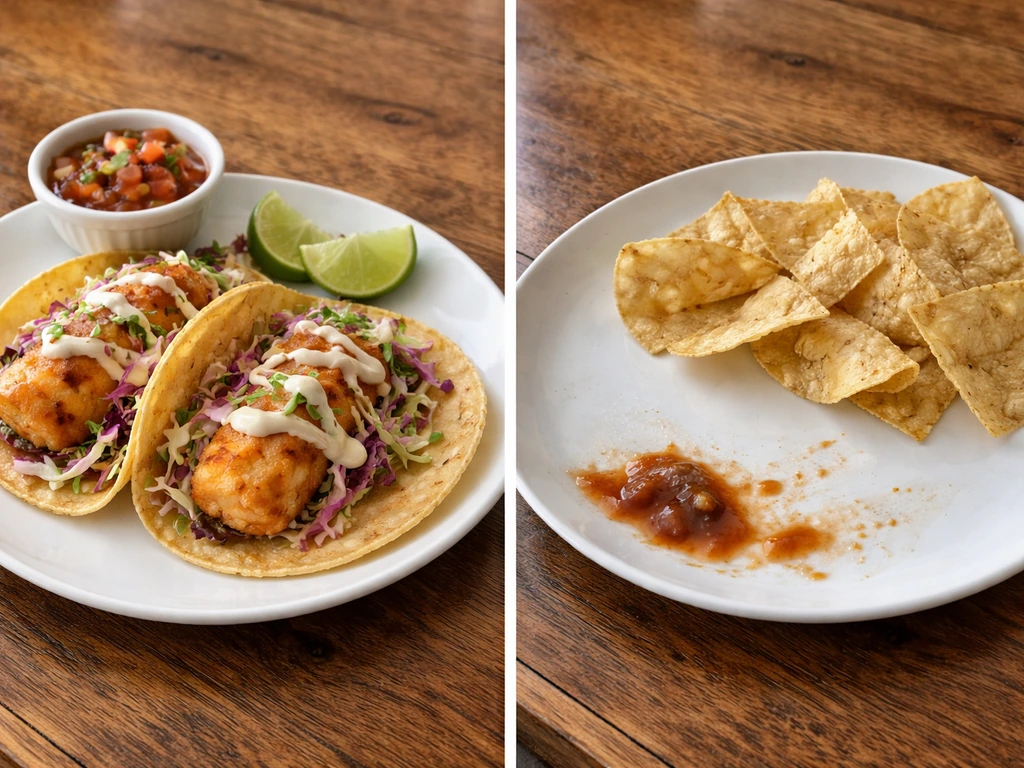 Split view of hot crispy baja fish tacos on one side and cold limp chips with dull salsa on the other.