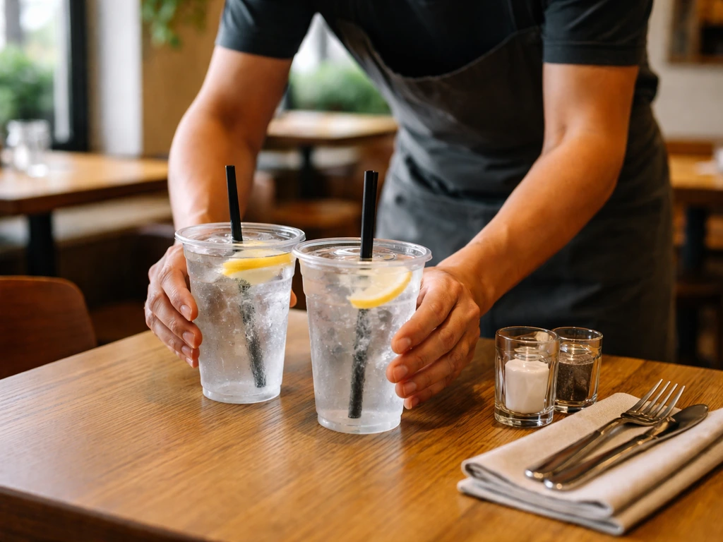 Waiter setting down two drinks on a small table in a casual restaurant setting