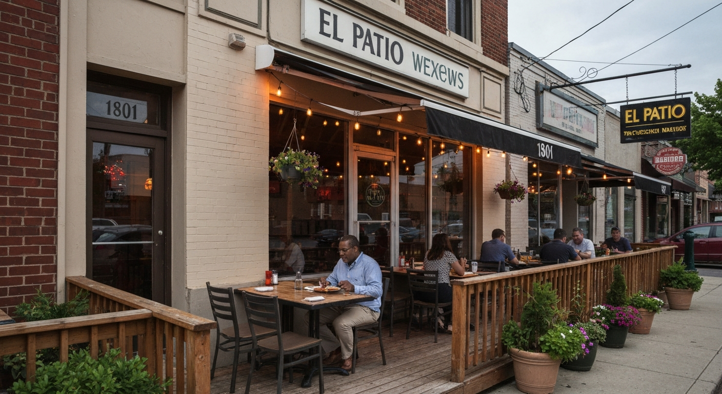Exterior view of El Patio New Castle with patio seating under string lights, early evening, inviting neighborhood atmosphere