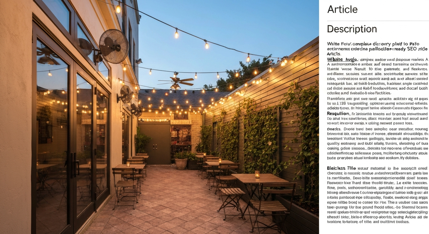 Exterior view of Le Patio's small outdoor patio in Wilton Manors — several closely spaced bistro tables under string lights, evening atmosphere.
