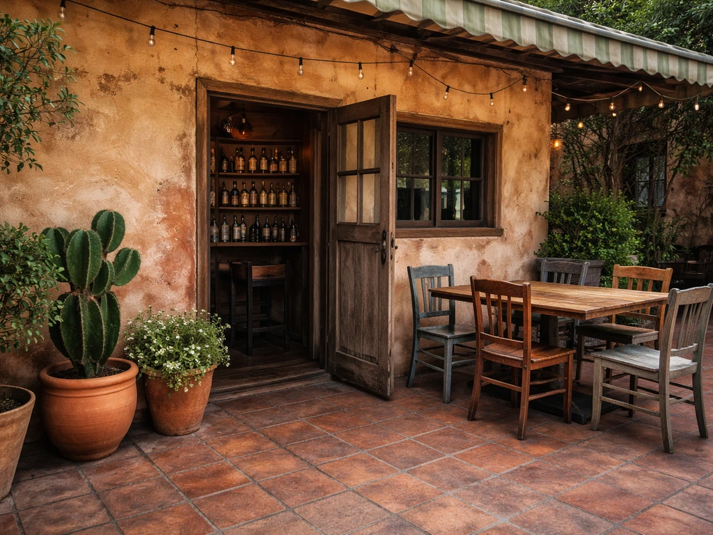 Inviting Tex-Mex patio exterior with warm tones, terracotta tiles, and a shaded entrance in Houston.