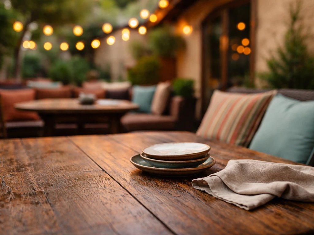 Close-up of a worn outdoor patio with warm string lights and comfortable seating in a Tex-Mex atmosphere
