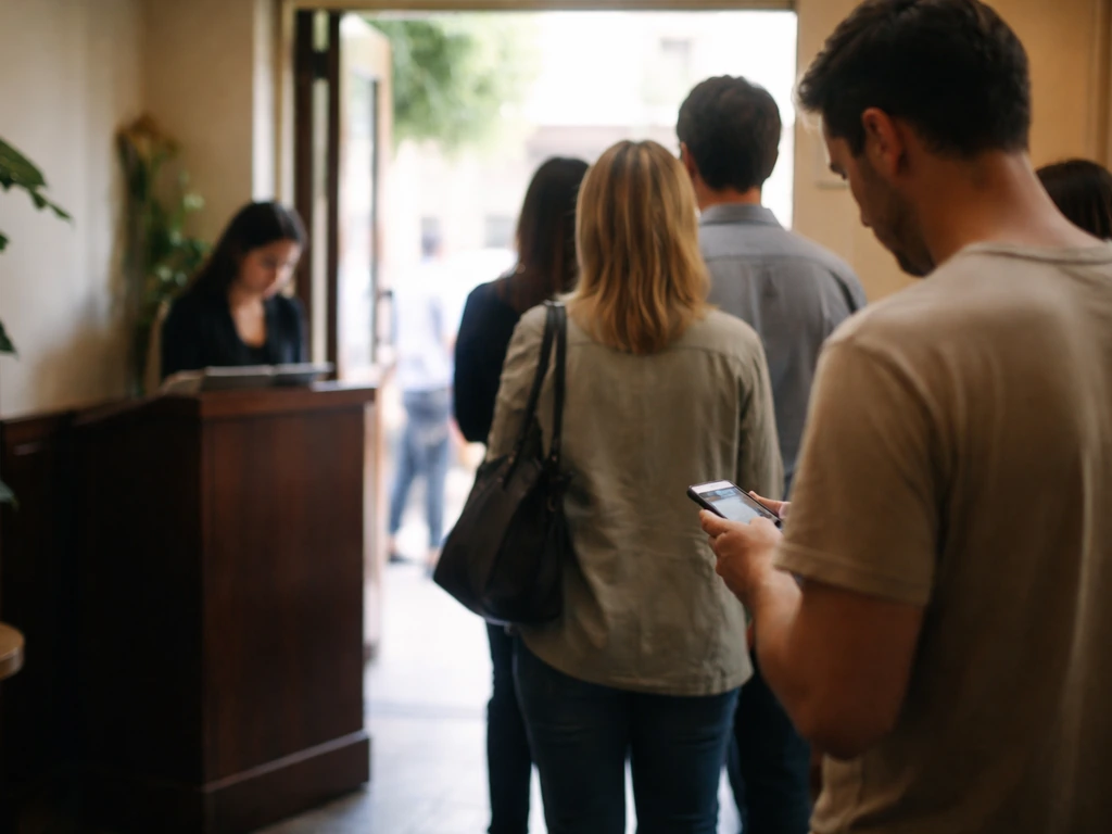 Guests waiting near a restaurant entrance with a host stand in the background, capturing busy wait times.