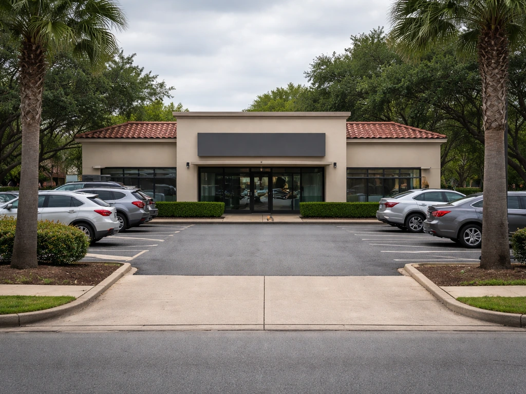 Commercial building front across the street with a nearby parking lot entrance and parked cars.