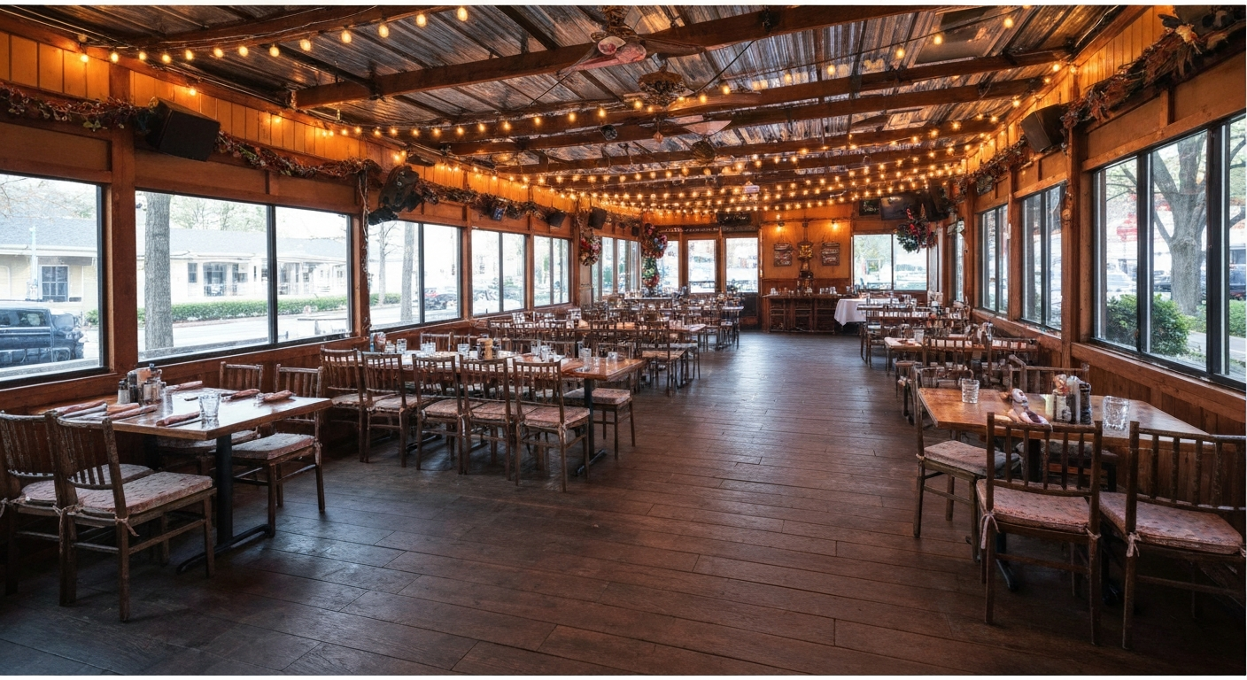 Interior photo of El Patio party room showing warm string lights, tables set for a mid-size celebration, and a cozy patio-like atmosphere.