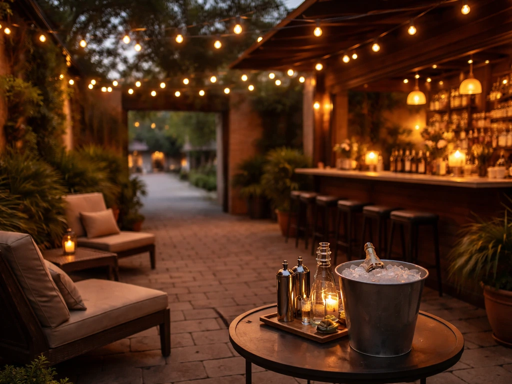 Warm evening on an Augusta patio with softly lit bar area, string lights, and empty lounge seating.