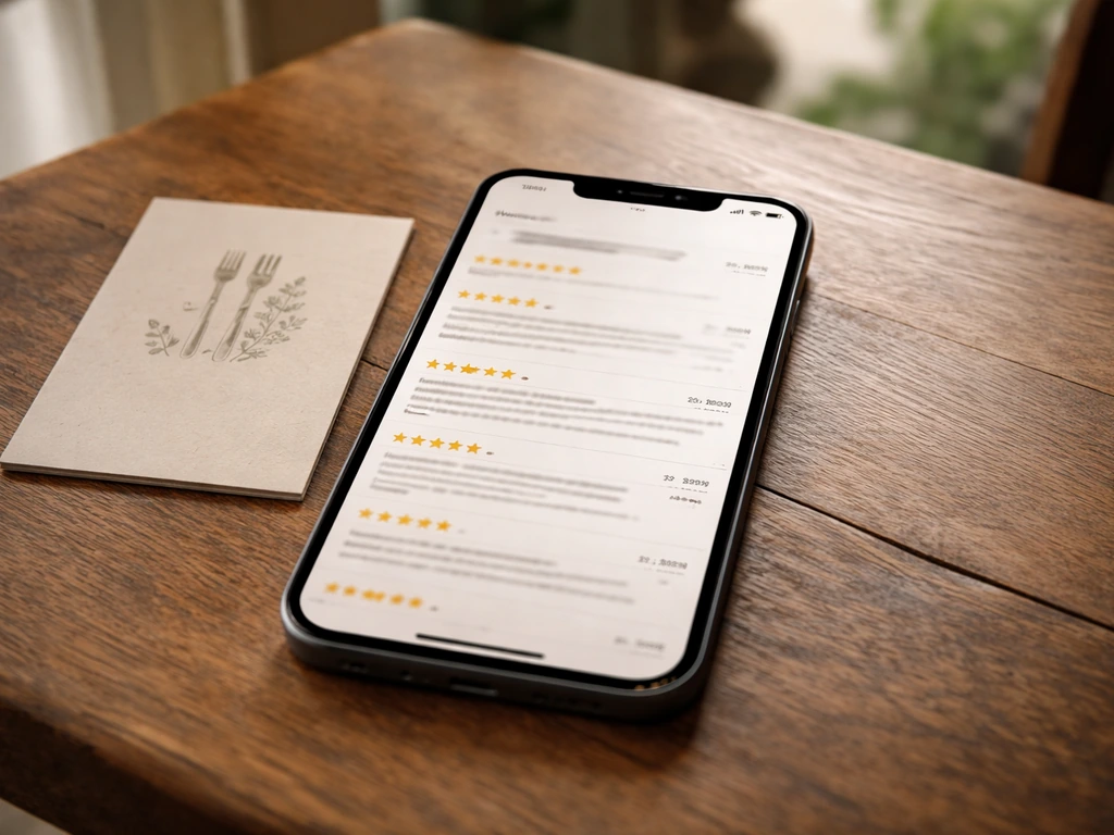Close-up of a phone showing mixed star ratings and date stamps beside a small patio menu card