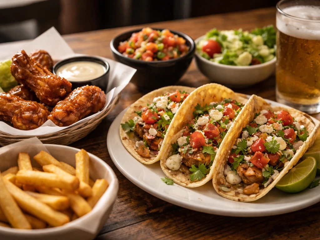 Close-up of tacos, wings, and fries on a wooden table with a condensation-cold drink nearby.
