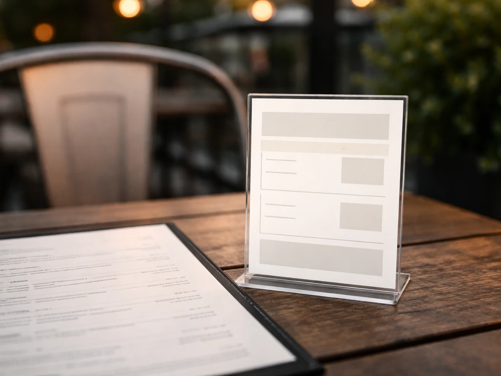 Minimal street-level photo of a small patio restaurant menu card showing promo night timing for wings and tacos
