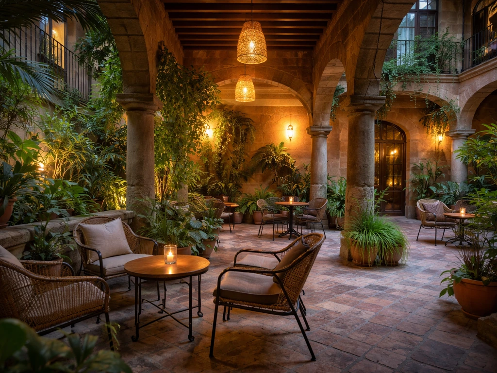 Cozy covered courtyard patio with greenery and comfortable seating, inviting atmosphere in Mexico City.