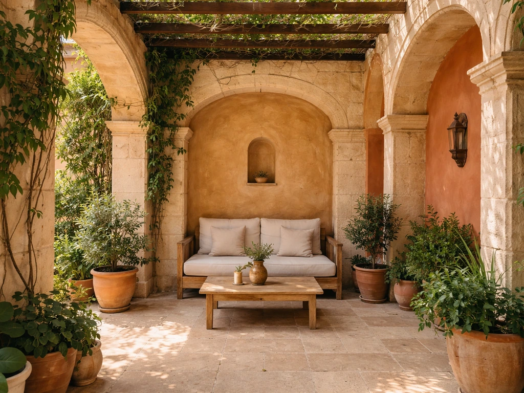 Warm covered interior patio with seating, plants, and soft natural light.