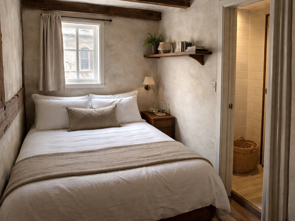Compact boutique B&B room corner showing tight space, narrow bedside storage, and small bathroom doorway.