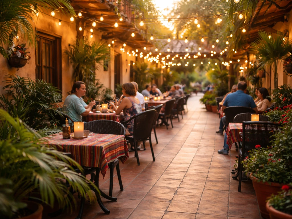 Golden-hour view of a cozy outdoor restaurant patio in Fort Myers with diners and warm string lights.