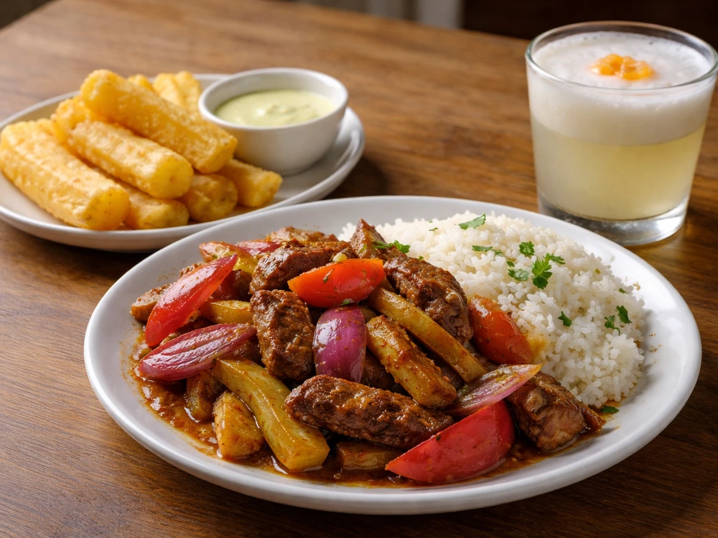 Close-up spread of Peruvian dishes and a pisco sour in simple table setting