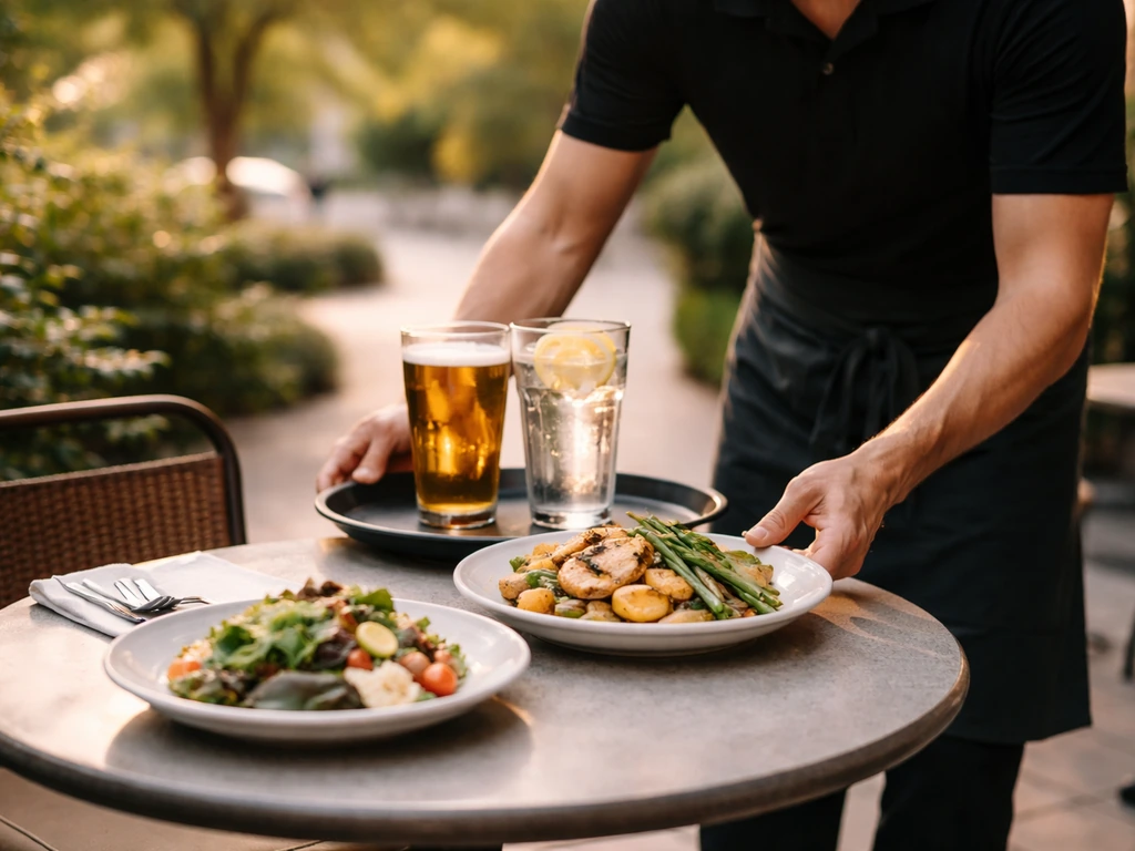 Anonymous server delivering plated food and drinks to a quiet outdoor table.