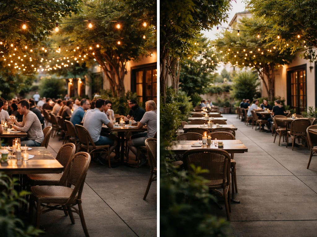 Busy and calm patio dining scenes showing different crowd density and atmosphere