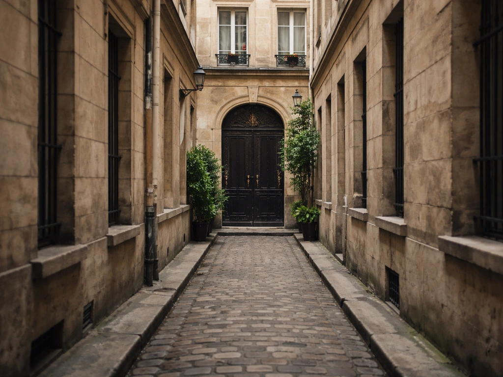 Paris Marais narrow alley entrance with an elegant doorway at street level near 26 rue des Gravilliers.