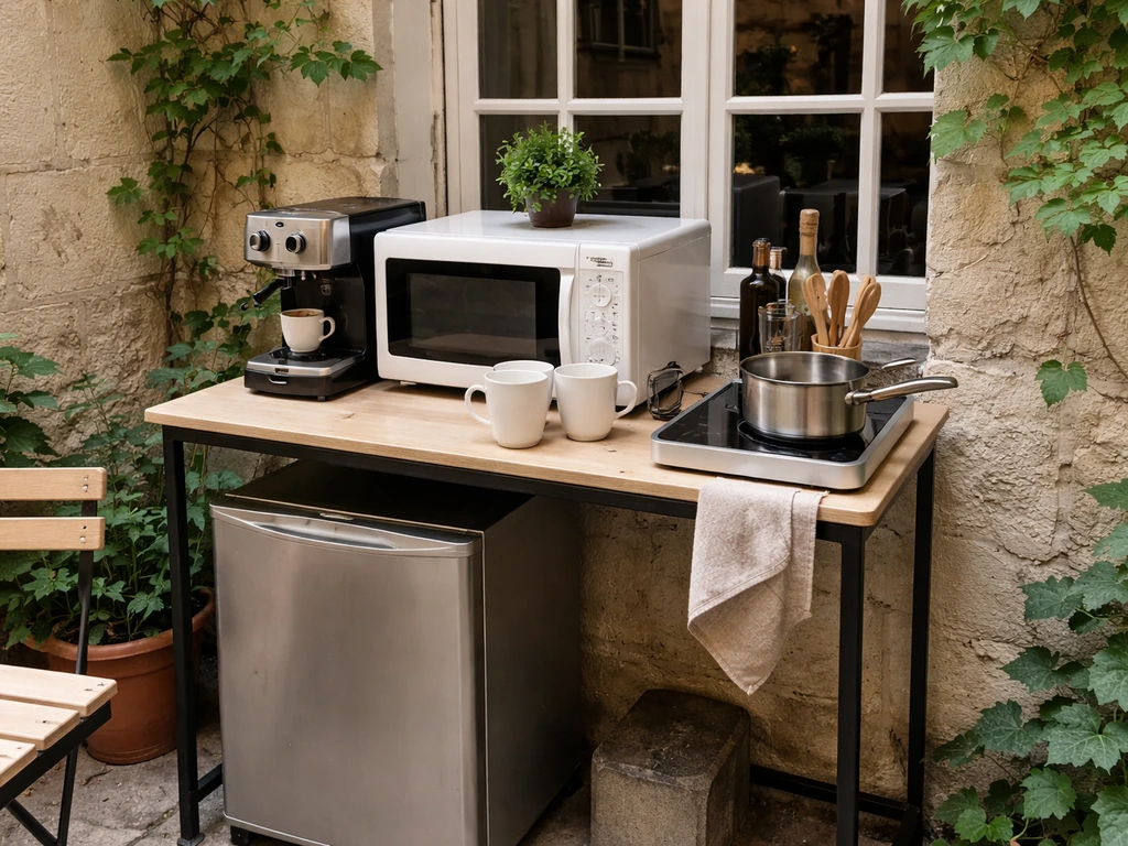 Apartment patio kitchenette setup with an espresso machine, microwave, and coffee cups in a quiet courtyard.