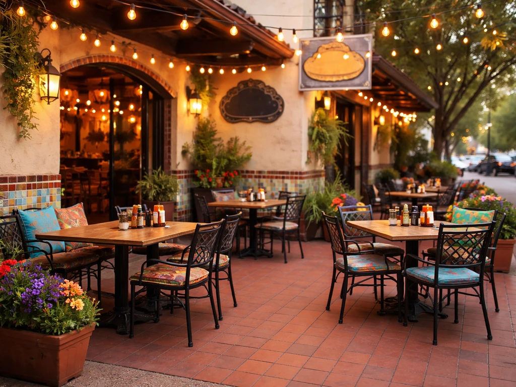 Inviting outdoor patio seating outside a Mexican restaurant with warm evening light