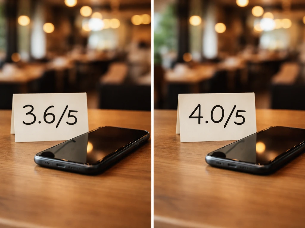 Minimal tabletop scene with two small cards showing review scores, softly out of focus background of a restaurant.