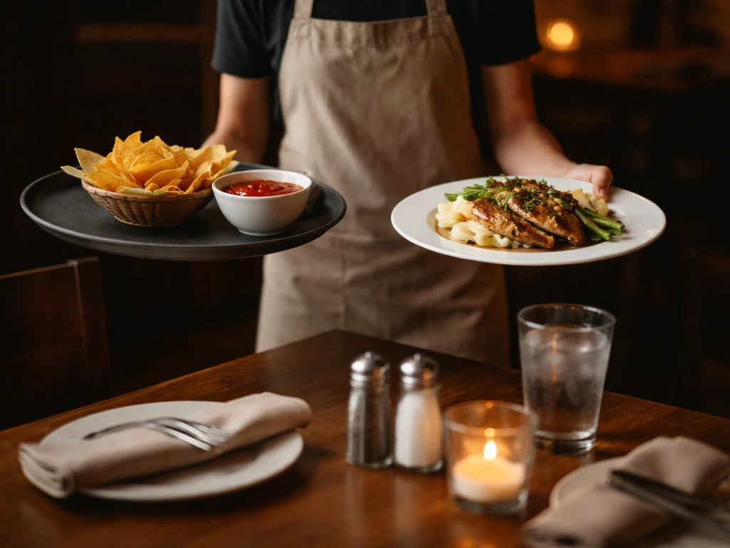 Server delivering chips and salsa with a main dish to a dining table at a warm restaurant