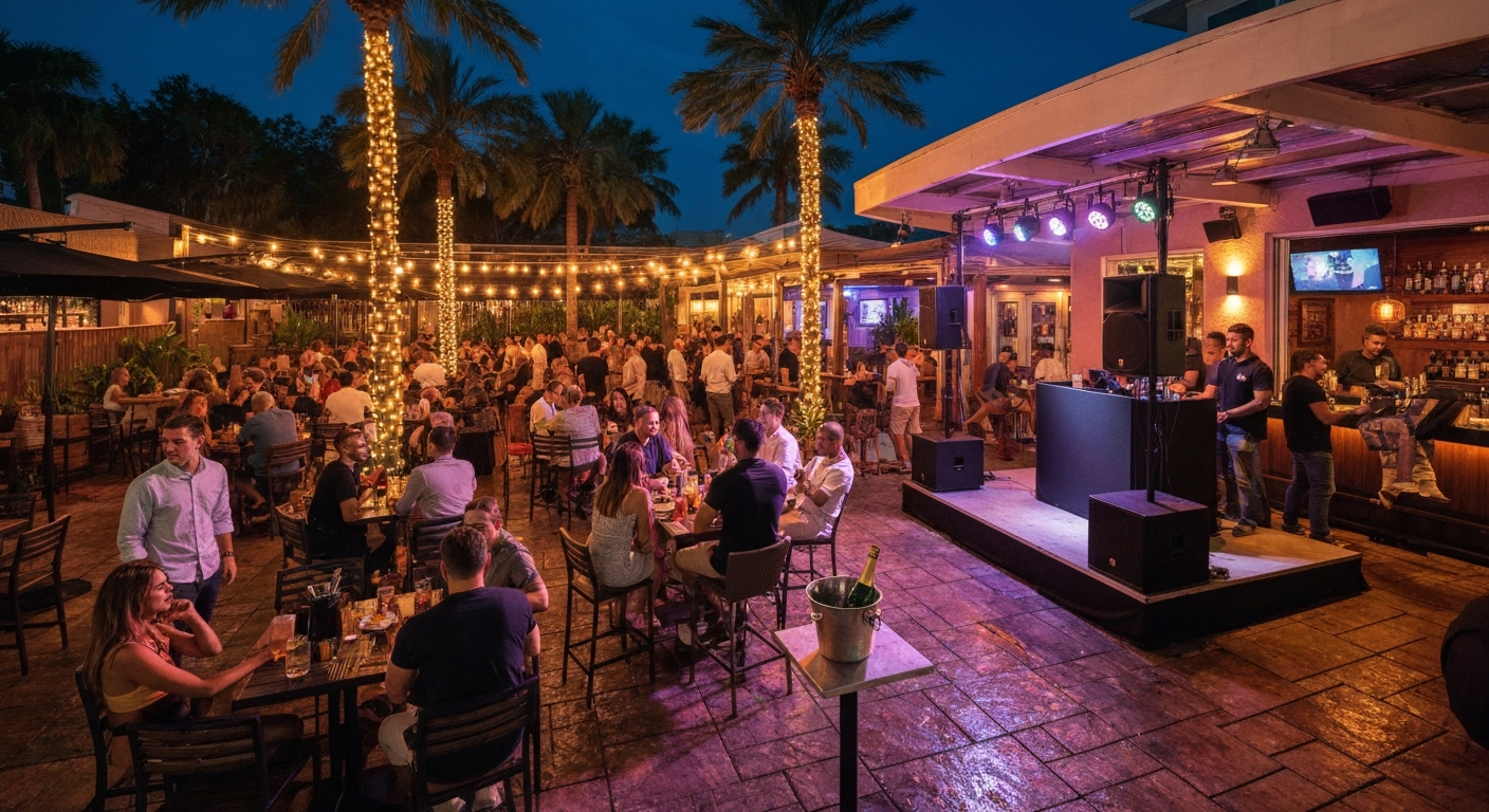 Nighttime wide shot of a lively outdoor patio bar with string lights, palm trees, DJ stage, and a VIP table with bottle service.