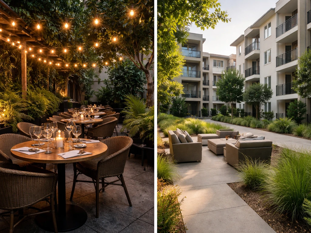 Split-scene of a quiet patio venue setup and a modern apartment courtyard representing Los Patios reviews.