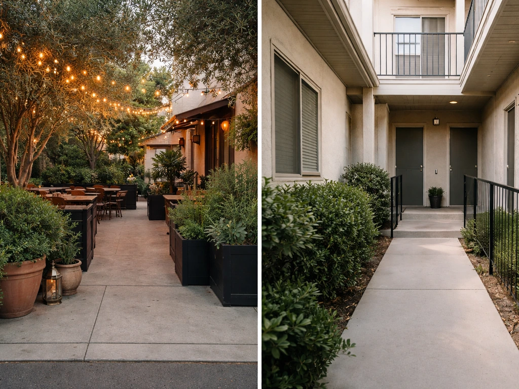 Two simple building entrances side by side representing different “Los Patios” property types.