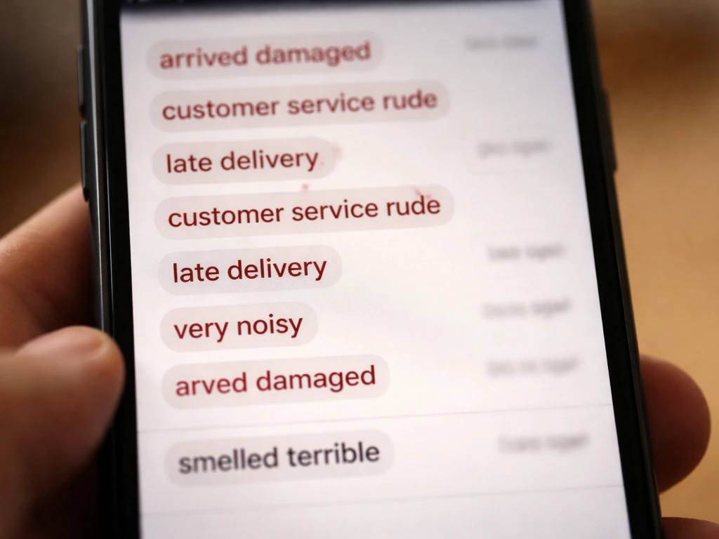 Close-up smartphone view of blurred reviews showing repeated warning phrases versus a one-off complaint.