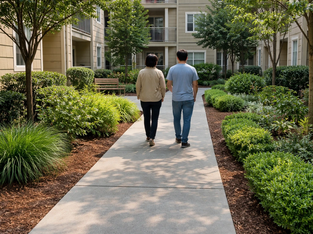 Tourist couple walking a clean apartment community walkway with well-kept landscaping and a garden path