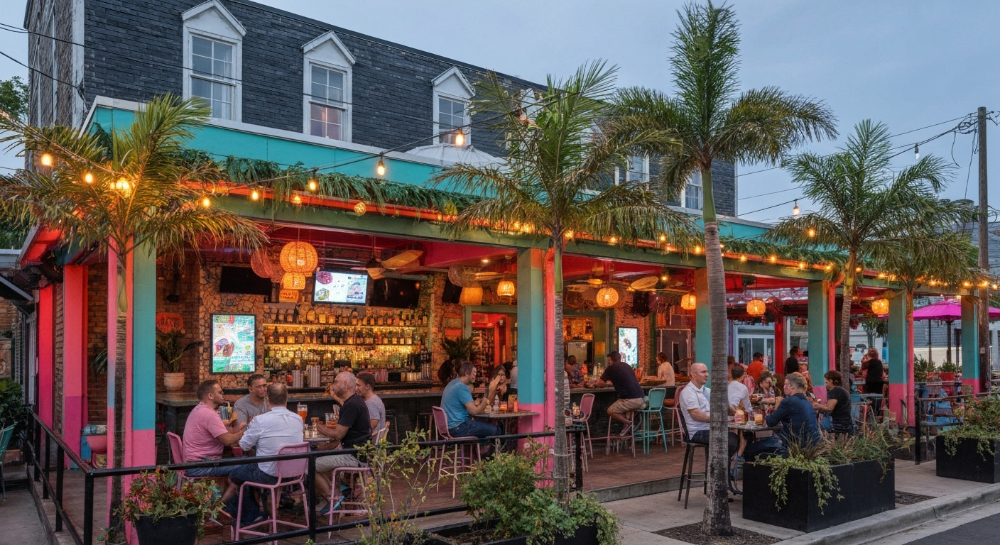 Exterior view of Flamingo Patio's colorful outdoor patio at dusk with string lights, bar area, and patrons enjoying the space.