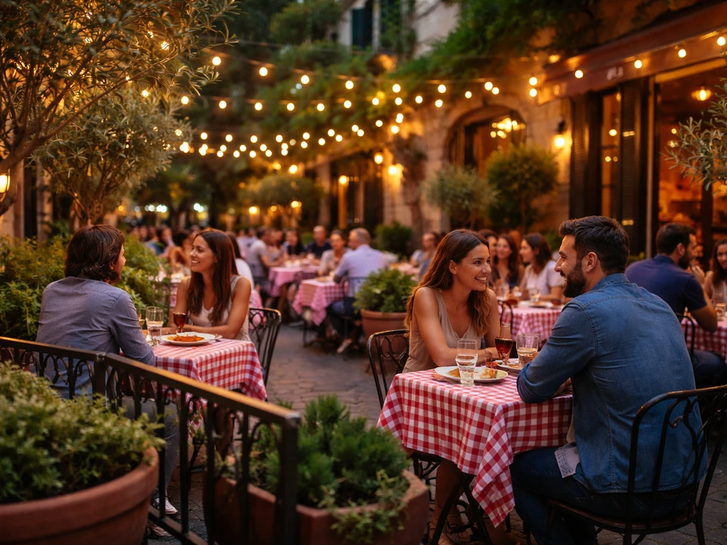 Inviting Italian restaurant patio with diners seated at small tables in warm evening light.