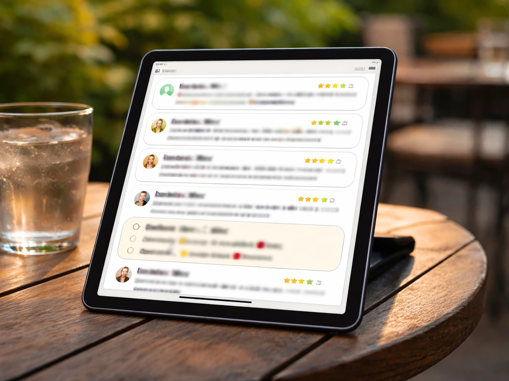 Close-up of a tablet showing handwritten-style patio restaurant review excerpts and meal details, no readable text.