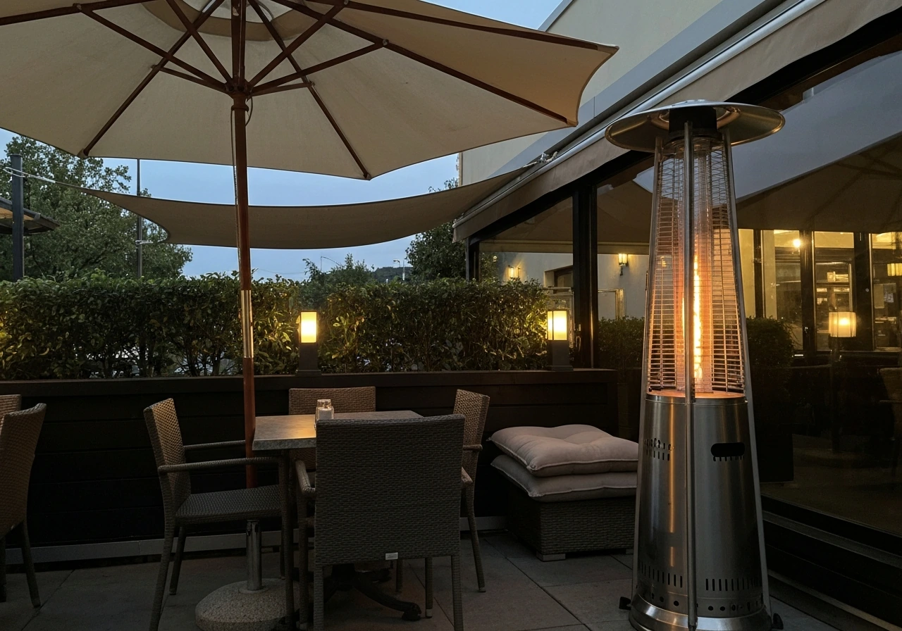 Patio dining setup with a closed umbrella, warm outdoor heater, and shaded seating under awning