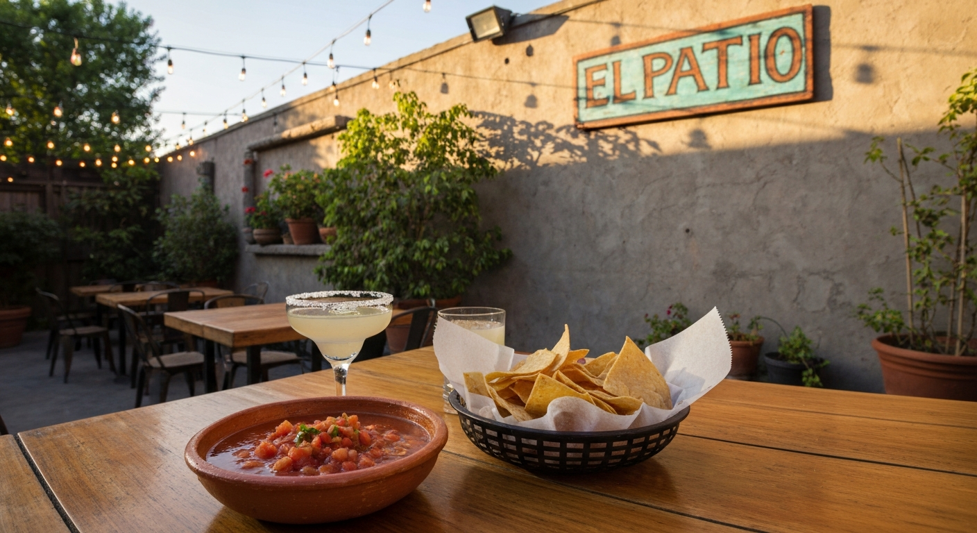 Warm outdoor Mexican patio scene with a bowl of roasted tomato salsa, basket of chips, margarita and mezcal on a wooden table under string lights; 'El Patio' sign on the wall.