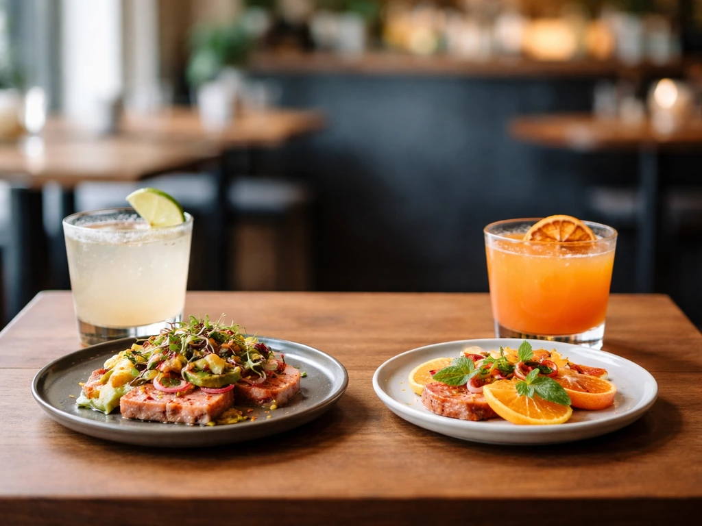 Minimal restaurant table with fusion food and two cocktails arranged like a scorecard, no text.