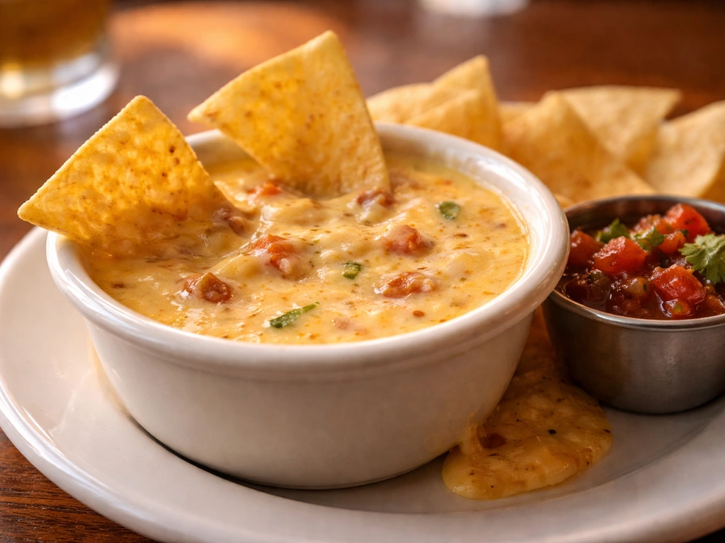 Close-up of thick queso with tortilla chips and a spoon of house salsa on a simple plate