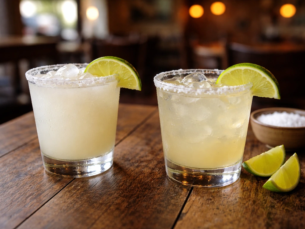 Two margaritas in clear glasses on a wood table with lime wedges and salt rimming