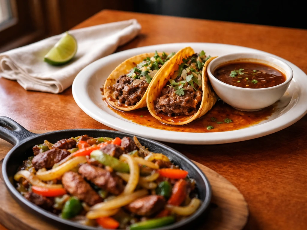 Plated birria tacos with a small fajita skillet, peppers and onions, lime wedge on a simple table.