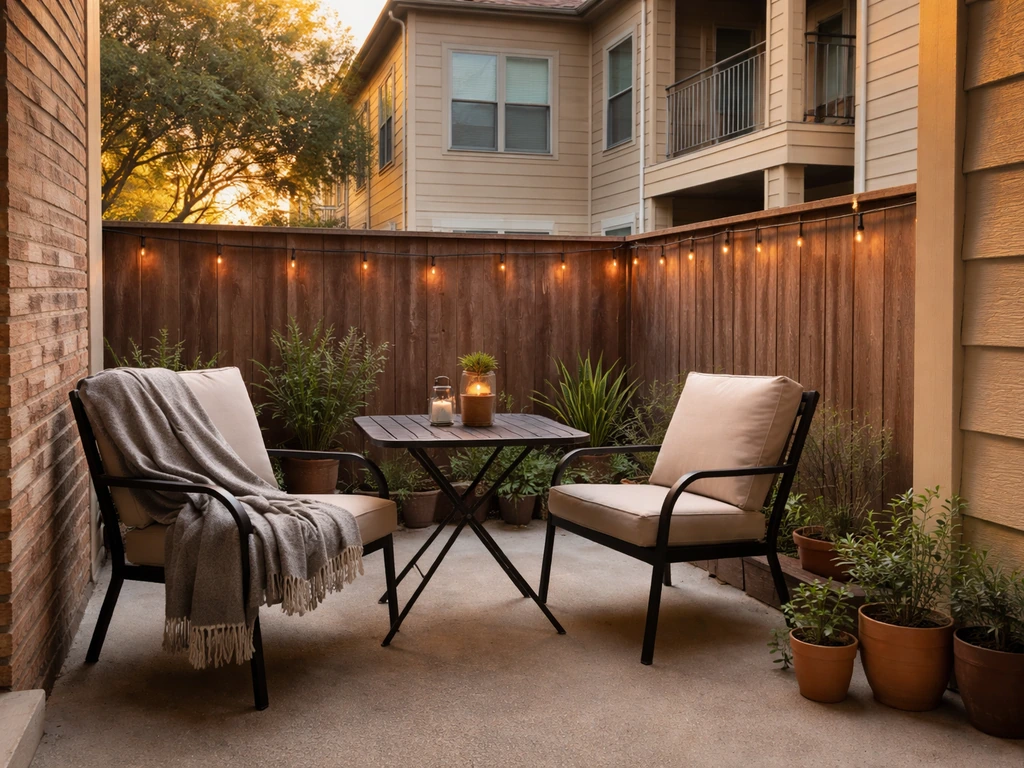 Inviting fenced apartment patio with chairs, table, plants, and a view of the apartment building.