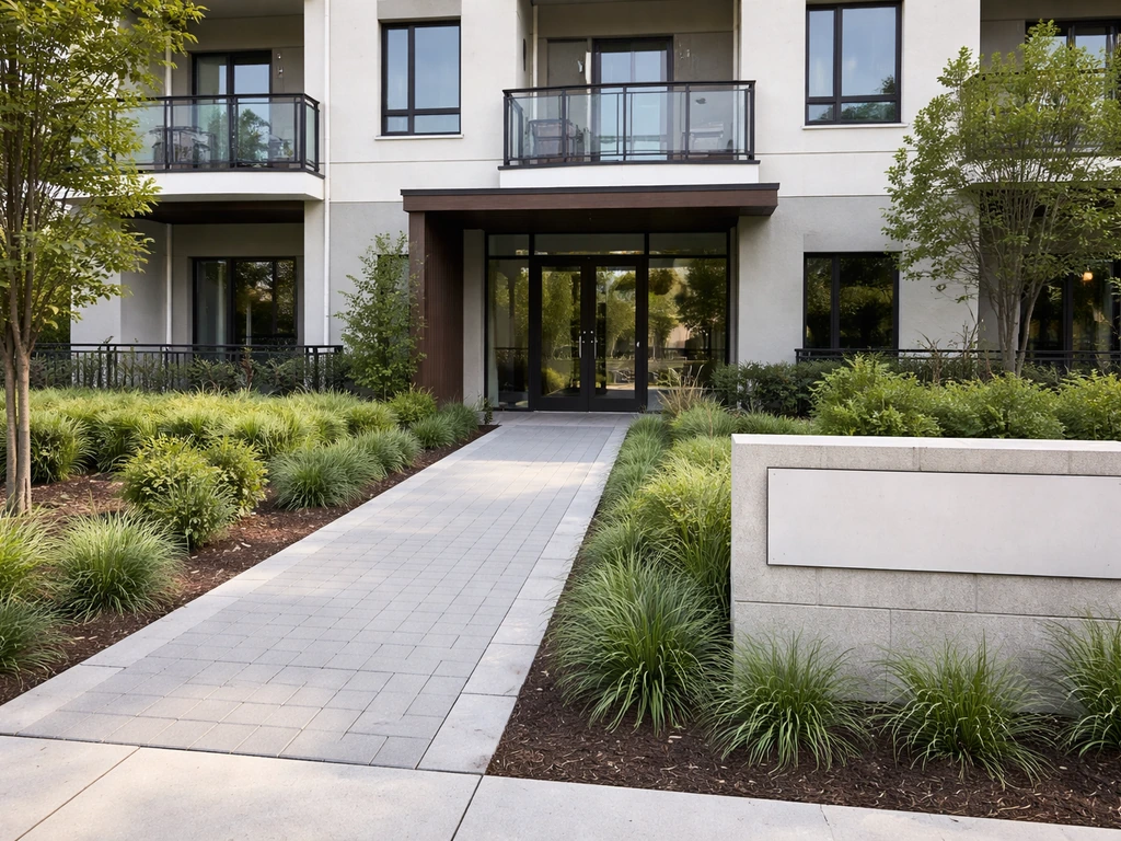 Front view of a modern apartment complex with a clear property name sign and walkway
