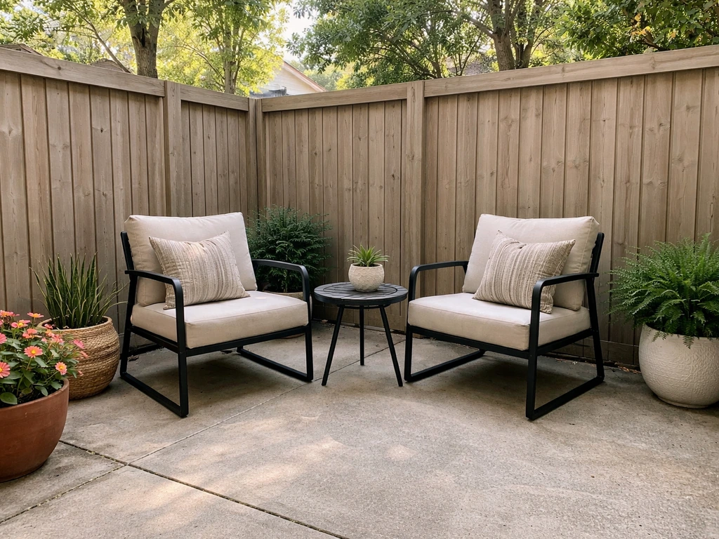 Private fenced patio with outdoor seating, privacy fence, and potted plants in natural daylight.