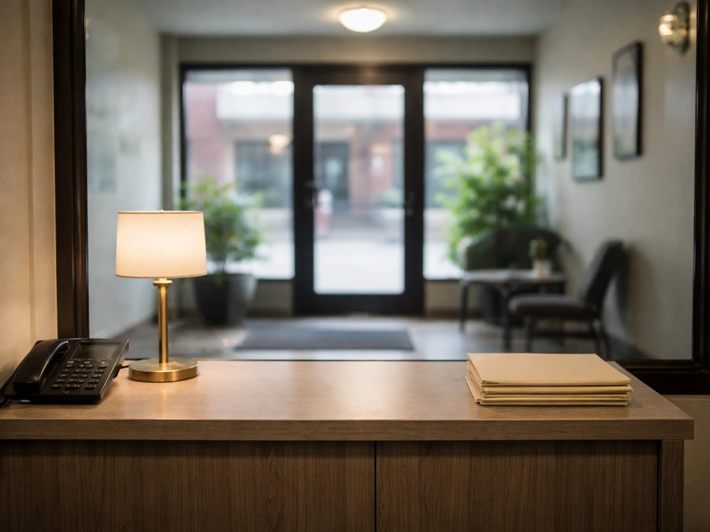 Unoccupied leasing office lobby with maintenance counter and phone, viewed near a window.