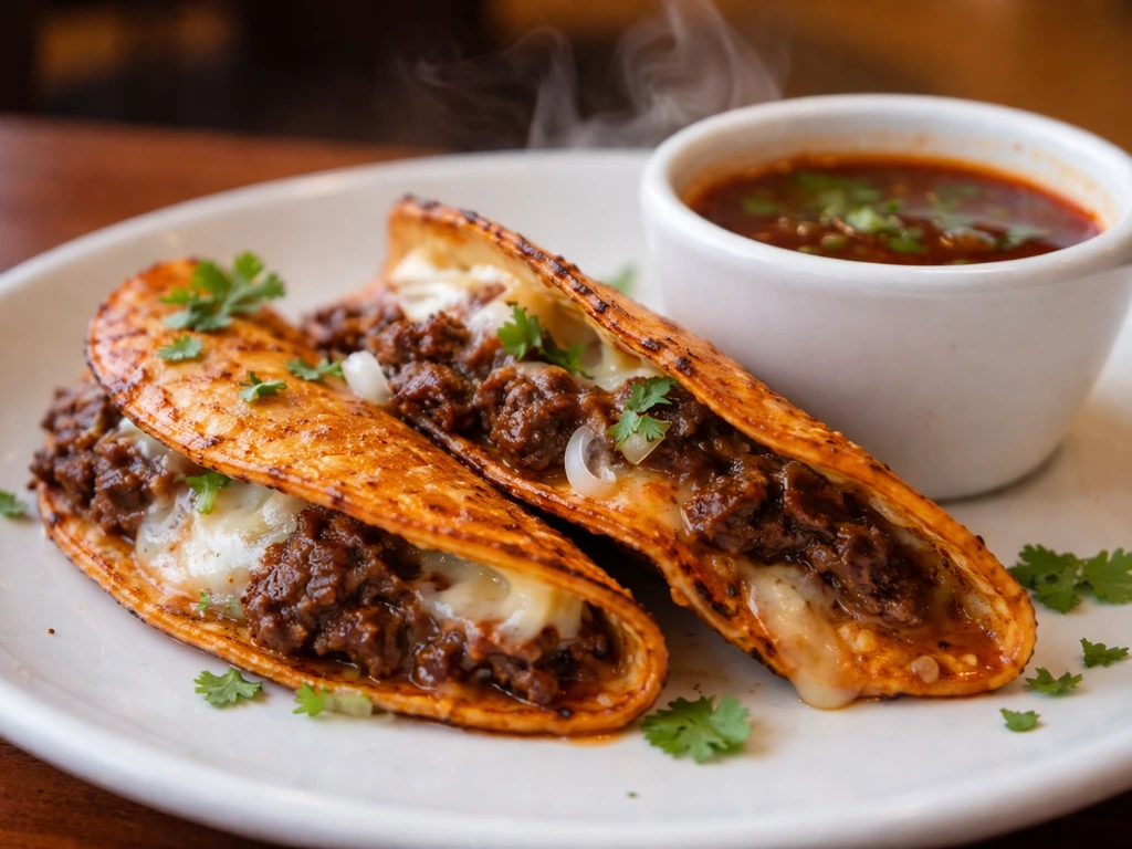 Close-up of quesabirria tacos with melted cheese and a cup of consommé, showing generous portions.