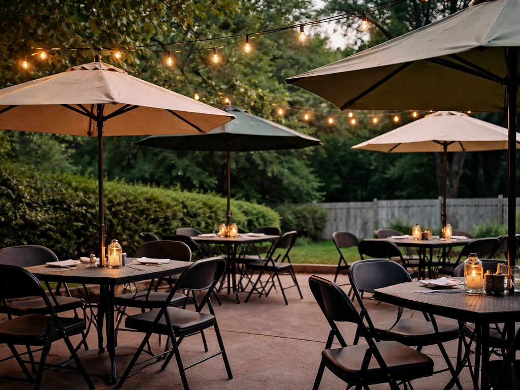 Inviting outdoor patio dining area in warm evening light with tables, umbrellas, and soft string lights