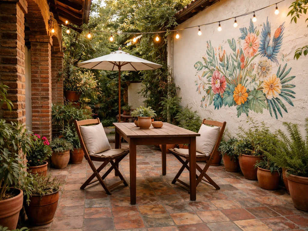 Patio exterior acogedor inspirado en una casa tradicional, con arte mural y plantas, estilo cálido en Mission.