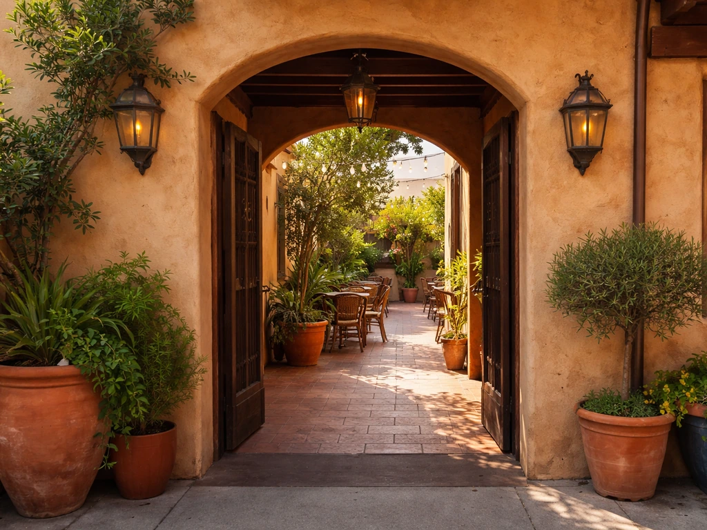 Warm Mission restaurant entrance revealing an inviting patio area with plants and outdoor seating.