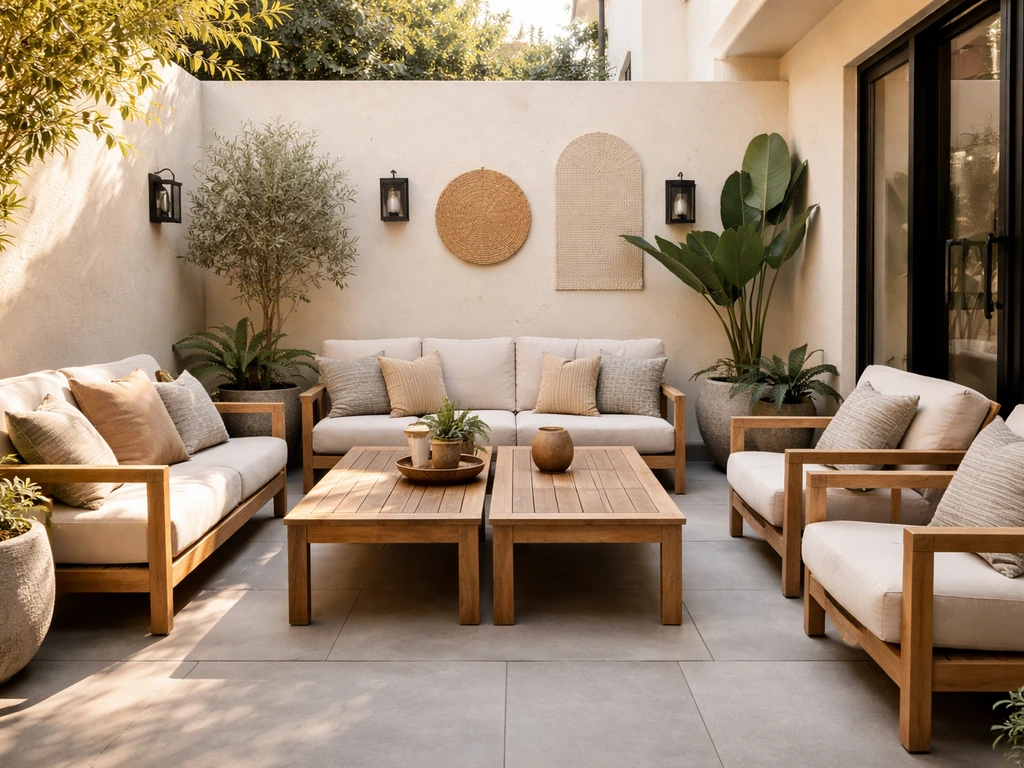 Patio exterior bien decorado con mesas, asientos y arte de pared, iluminado por luz natural.