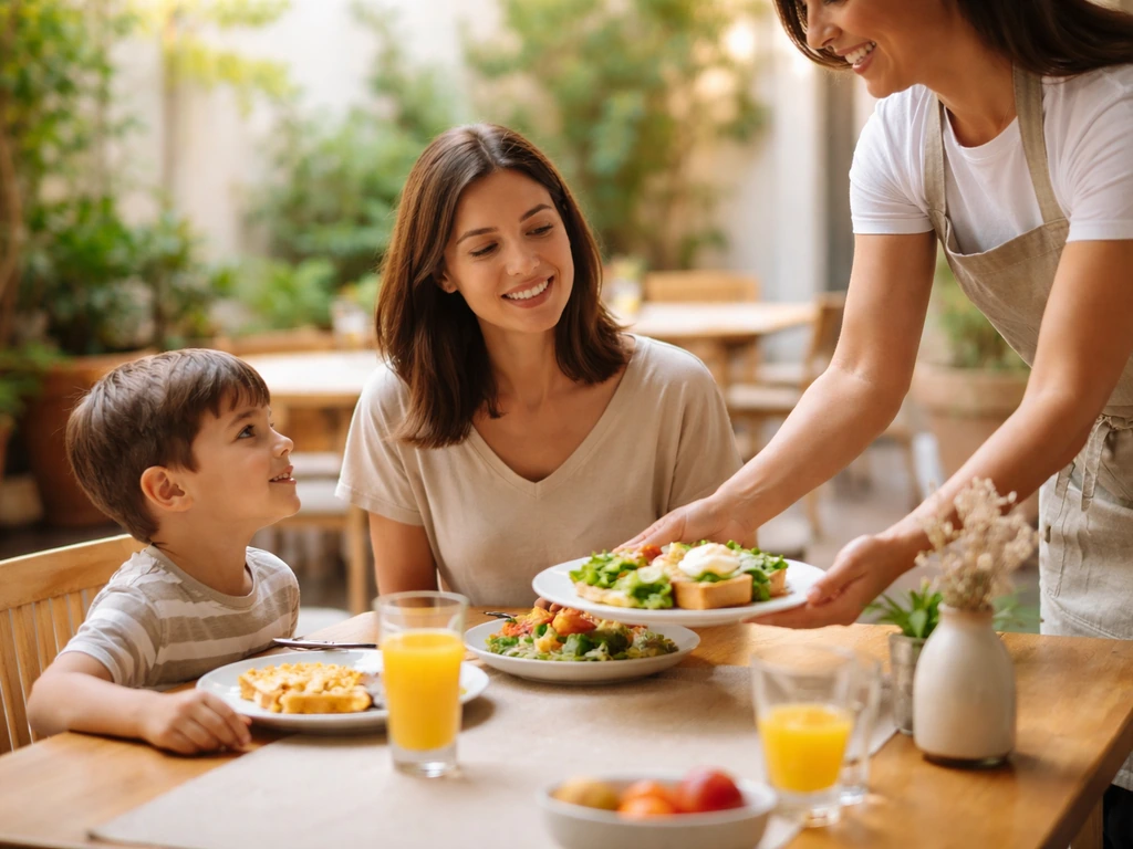 Familia recibiendo platos en un patio de restaurante con mesera atendiendo de forma profesional.